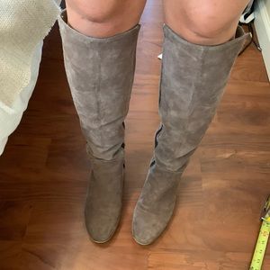 Gorgeous gray suede tall knee high heeled boots